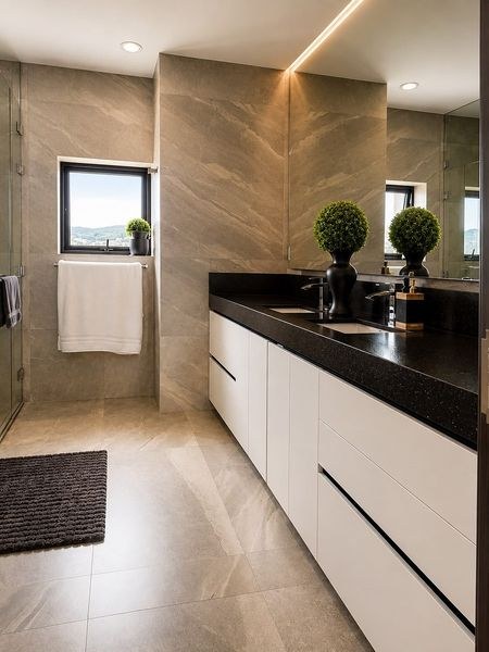 Baño con cubierta negra y doble lavabo