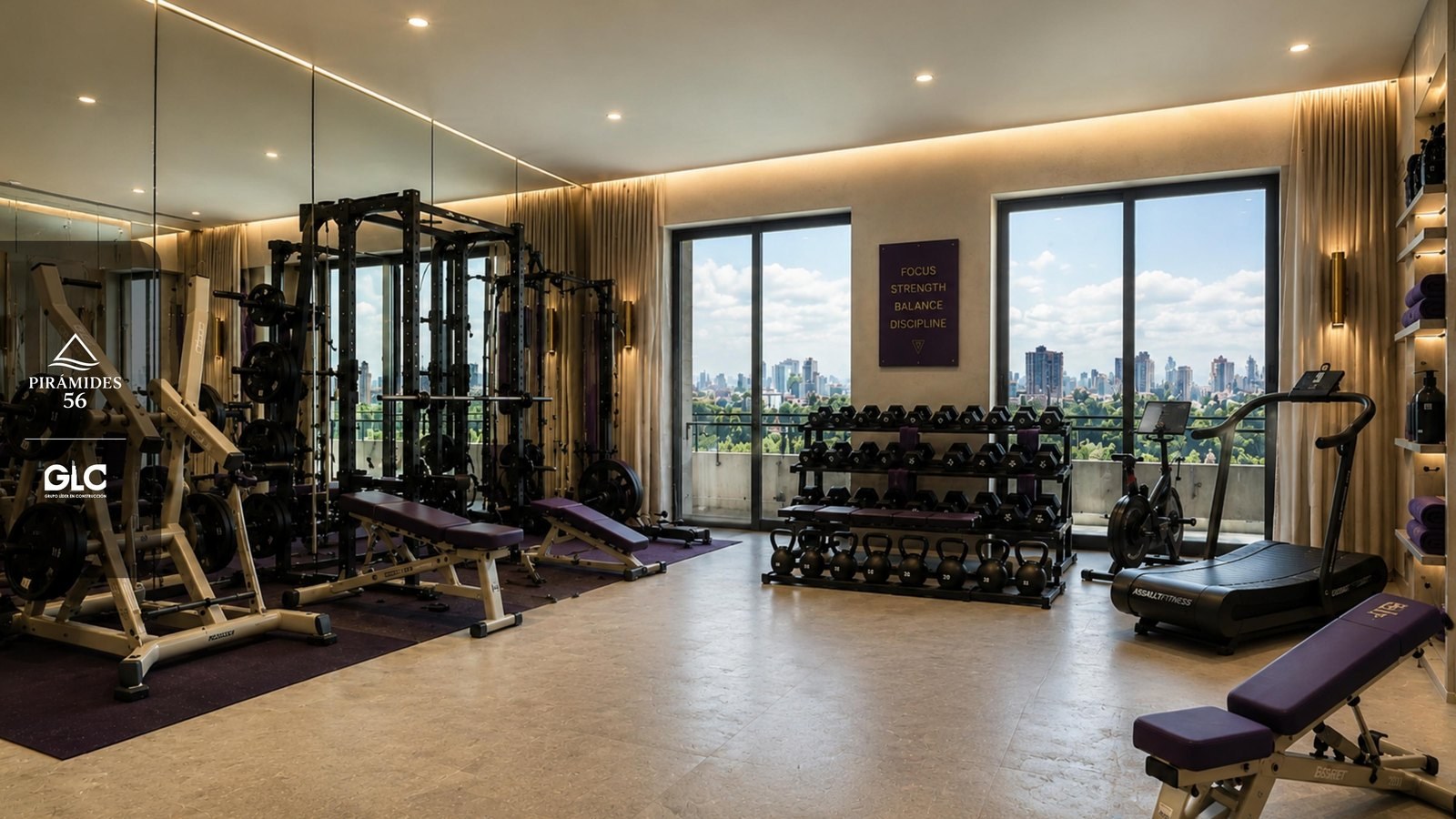 Gimnasio equipado con vista a la ciudad en Pirámides 56