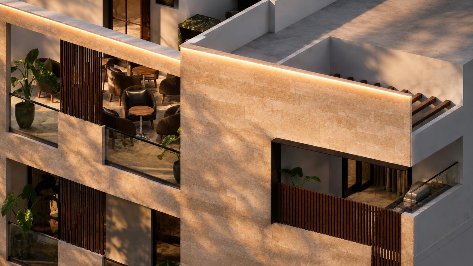Terraza con celosía de madera en Pirámides 56