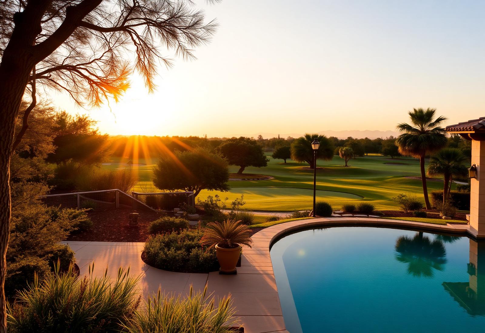 Terraza y jardín con vista al campo de golf al atardecer